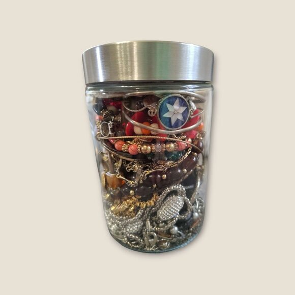 Mystery Jewelry Jar Over 2 Lbs Nice Wearable Jewelry Glass Jar With Lid Mixed St - Picture 7 of 7